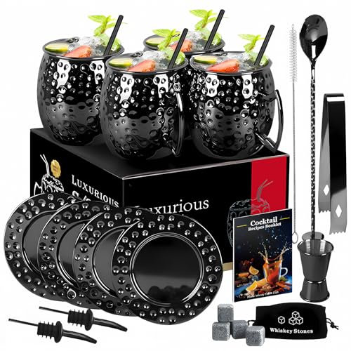 Moscow Mule Becher 4er Set,Cocktailbecher Set mit 500ml Edelstahl Mule Tassen，Untersetzer, Strohhalmen, Löffel, Reinigungsbürste, Messbecher, Cocktailgläser Geschenkset (black002)