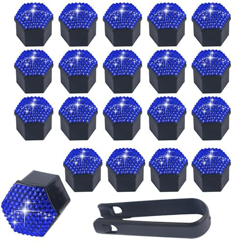 SYSUII 19mm Auto Radschraubenkappen, 20 Stück Radmutternkappen Mit Entfernung Werkzeug Sechskant-Reifen Bling Diamant Muttern-abdeckungen Radbolzen Kappen Rad Mutter Cap Radbolzen Schutz Cover-Blau