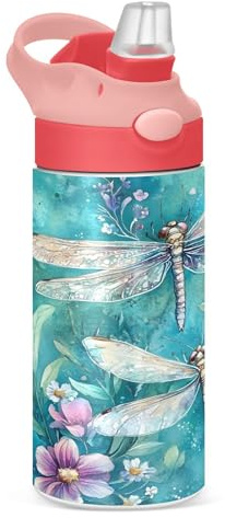 Sevdomey Belle bouteille d'eau en forme de libellules pour filles et garçons, bouteille d'eau isotherme en acier inoxydable de 350 ml avec paille pour l'école, la crèche, les voyages, le sport