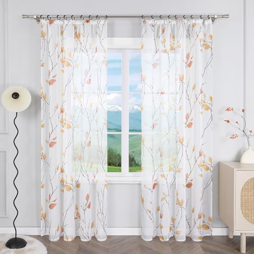 Delien Voile Gardinen halbtransparent Moderne einfache Vorhänge für Wohnzimmer Schlafzimmer Kinderzimmer Blattmuster,mit Kräuselband,BxH 140x225cm,Orange