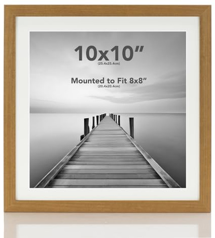Boldon Framing - Square Thin Oak Wood Picture Frame, 10x10 With White Mount to fit 8x8 Picture Wall Mount Photo Display
