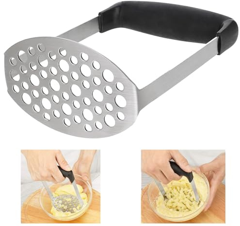 BOBOZHONG Machacador de Patatas de Acero Inoxidable - Manejador Suave Antideslizante para Puré, Frutas, Verduras y Comida de Bebé (Negro)