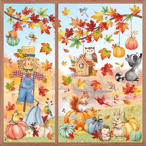 wondever Fensterbilder Herbst Vogelscheuche Ahornblätter Fenstersticker | Wiederverwendbar, Doppelseitig Statisch PVC Fensterdeko, Fenster Vogelschutz, Herbstdeko für Erntedankfest Wohnzimmer Küche