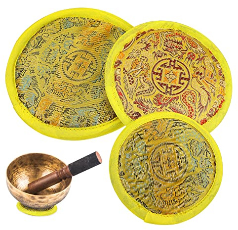 CATIEBYE 3 Stück Klangschalenpolster Aus Stoff Mit Gesticktem Vintage Muster Rund in 10/12/14cm Meditationszubehör Unterlage Für Klangschalen Tischmatte Für Meditation Und Yoga