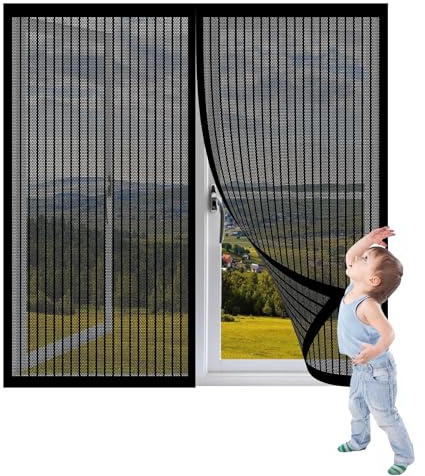 Mosquiteras para Ventanas Abatibles 175 x 180 cm sin Taladrar Cortina de Ventana Magnética Cierra Automáticamente para Todas Las Puertas y Ventanas, Negro