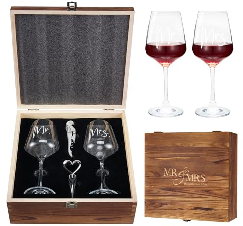 AW BRIDAL Hochzeitsgeschenke für Brautpaar Verlobungsgeschenk, Mr und Mrs Geschenke Weingläser mit Gravur, Weingläser Hochzeit für Brautpaar, Weinöffner, Weinverschluss und hölzerne Aufbewahrungsbox