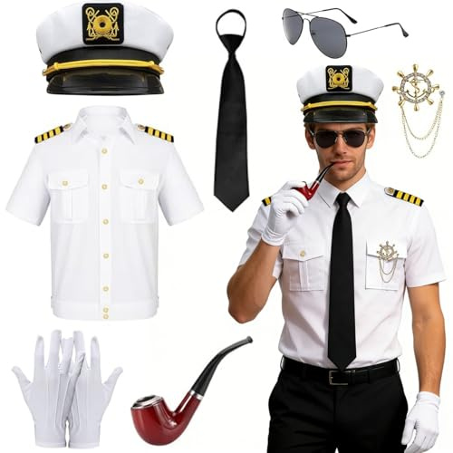 Maazusa Captain Sailor Costume Men Adult Captain Shirt Outfit with Cap Accessories, 8Pcs Captain Sailor Dress-up Nautical Party Adult Costume for Halloween Cosplay