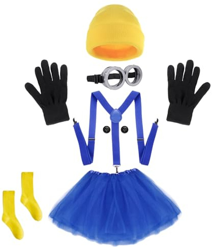 Xgvzs 7 Stück Gelbes Kostüm Gelbes Kostüm Damen Mädchen Halloween Enthalten Goggles Hut Handschuhe Socken Knopf Röcke Karneval Cospaly Mottoparty