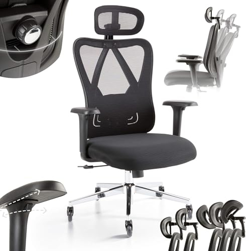 Arebos Bürostuhl Ergonomisch, Schreibtischstuhl mit Verstellbarer Kopfstütze 3D, Armlehnen 3D, Lendenwirbelstütze 2D, Drehstuhl Wippfunktion, Chefsessel aus Mesh,Rückenschonend, Bürostuhl 136kg