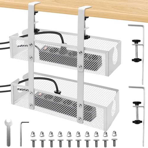 YTACREA Bandeja de Recoge Cables Debajo del Escritorio de Dos Capas, Bandeja de Organizador Cables Escritorio con Abrazadera, Altura Ajustable Cable Management Organizador para Oficina y Hogar, Blanco