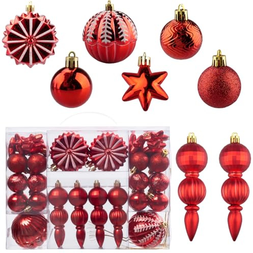 hocadon 52Stück Weihnachtsbaumkugeln Weihnachtskugeln Kunststoff Weihnachtsbaumschmuck Weihnachtskugeln Rot Christbaumkugeln für Weihnachtsdeko