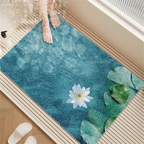 Odot Tapis de Douche Antidérapant, Motif de Lotus Tapis de Bain/Baignoire en Luffa PVC Séchage, Douche Rapide Doux avec Trou de Drainage pour Intérieure et Zones Humides (Vert,40x60cm)
