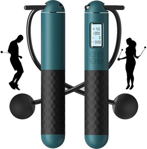 Cordless Skipping Ropes Ropeless Skipping Rope with Counter Wireless Jump Rope with Weighted Balls Portable Digital Fitness Training Equipment for Home Gym for Adults and Teens(DarkGreen)