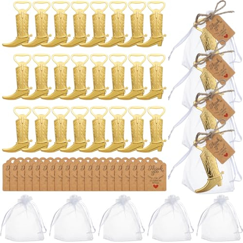 Caeuiciw 24 Pcs Cowboy Boot Bottle Opener Set Cowgirl Western Derby Wedding Party Favor Includes Cowboy Beer Bottle Opener Organza Bag Thank You Tag and Jute Rope for Guest Wedding Party Baby Shower