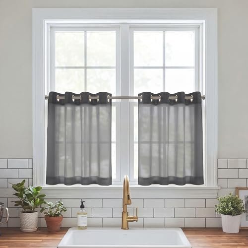 PONY DANCE Küche Gardinen Kurz Vorhang Transparent Küchengardinen Ösen | Dunkelgrau,H100 x B140 cm,2er Set,Schrankvorhang,Schlafzimmer Vorhang Durchsichtig,Sanfte Lichtfilterung,Luftig