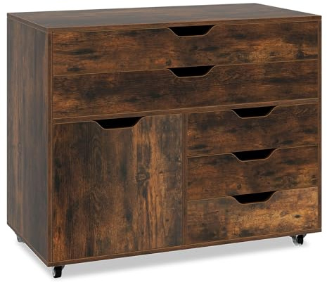 GIANTEX Rullcontainer med 5 lådor och 1 skåp, mobilt arkivskåp med 5 hjul, lådskåp under skrivbord, 77,5 x 40 x 64 cm (brun)