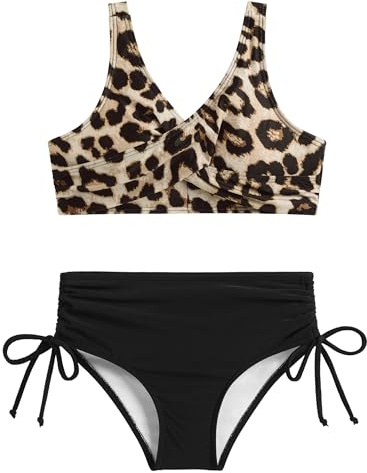 Arshiner Bikini för flickor med V-ringning, omlotteffekt, tankini, hög midja, dragsko, tvådelad baddräkt, 7–16 år, 13-14 �r