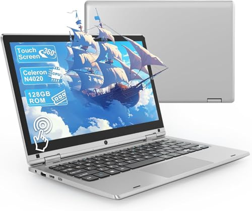 11,6 Zoll Laptop – Celeron N4020 6 GB RAM 128 GB SSD, 360 Grad faltbarer Touchscreen, 2,4/5 GHz WiFi, Bluetooth 4.2, W 11P, Mini HDMI, Small Laptop Erweiterung durch SD – Silber