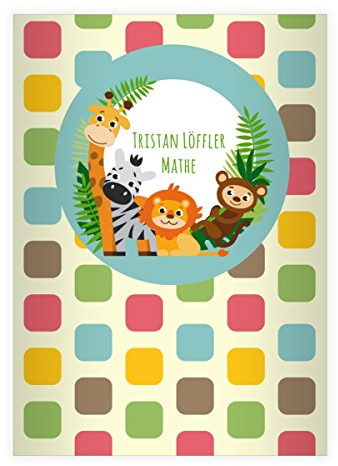 Kartenkaufrausch 8 personalisierte, Fröhliche, buntes Zoo DIN A4 Schulhefte, Rechenhefte mit Giraffe, Zebra und co in blau Lineatur 7 (Kariertes Heft)