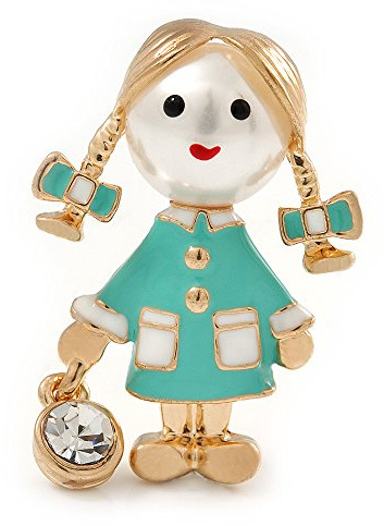Broche funky en émail vert menthe et perles avec sac à main en cristal en métal doré – 40 mm de long, taille unique, émail, Fausses perles. diamante