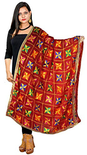 Red Phulkari Dupatta Chiffon Multicolor Embroidered Stole Scarf Traditional Punjabi Chunni Hijab for Woman (Red)
