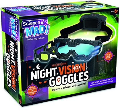 Science MAD! Night Vision Goggles For Kids - For Fun Night Missions - Lightweight, Flip Out Scope, 2x Magnification, Twin LED Beams, Blue Lenses, 6+ Years, 20 x 10 x 5.5 cm (SM55) , Black