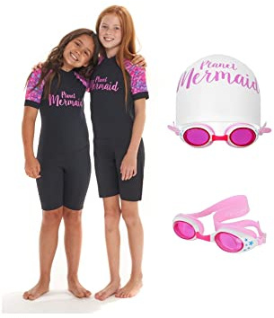 Planet Mermaid Exclusive 3 Piece Kids Girls Shorty Wetsuit Set. Pink Scale Print Sholder Effect. One Piece Swimsuits Neoprene Bathing Suits for Swimming Diving Snorkeling Surfing. Age 6-7 Years