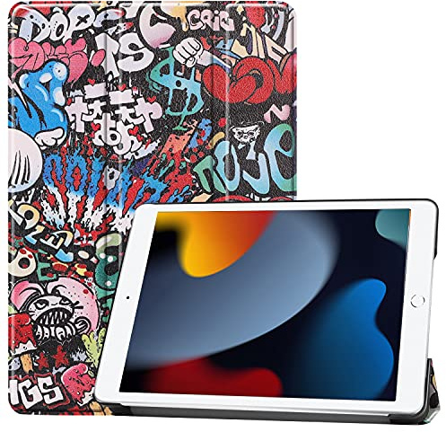 LCHDA Hülle für iPad 9. Generation 2021 (10,2 Zoll), Ultra Dünn Leicht Schön PU Ledertasche Smart Cover Magnetisch Dreifachfaltung Klapp Ständer Schutzhülle mit Auto Schlafen/Wachen - Graffiti