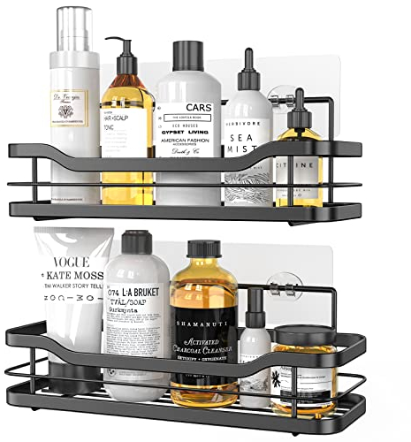homeasy Shower Caddy Black, Shelf No Drilling Adhesive Wall Mounted with 4 Movable Hooks for Hanging Razor and Towels Shower Accessories Bathroom Storage Kitchen Rack - 2 Pack