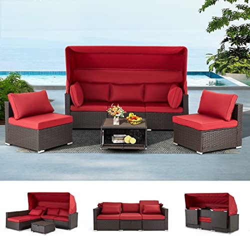Vicluke 6 Pieces Patio Conversation Sets, Rectangle Wicker Daybed with Canopy, Adjustable Backrest, Storable Tea Table, Outdoor Sunbed for Backyard Garden Poolside(Wine Red)