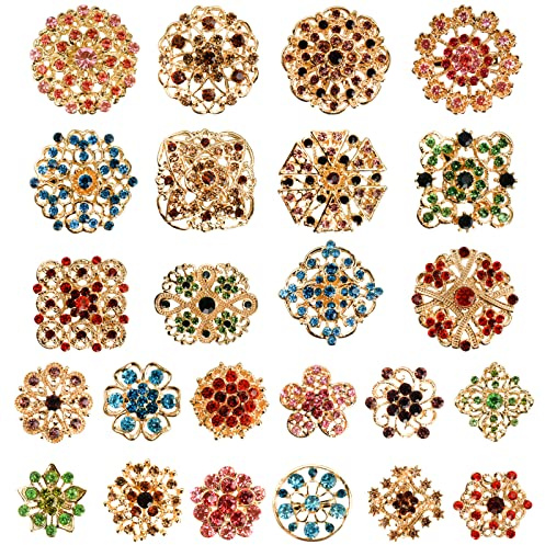 Hiceeden 24 Pieces Flower Golden Brooches Pins, Small Shining Rhinestone Colorful Brooch Gift for Women, Wedding Decoration