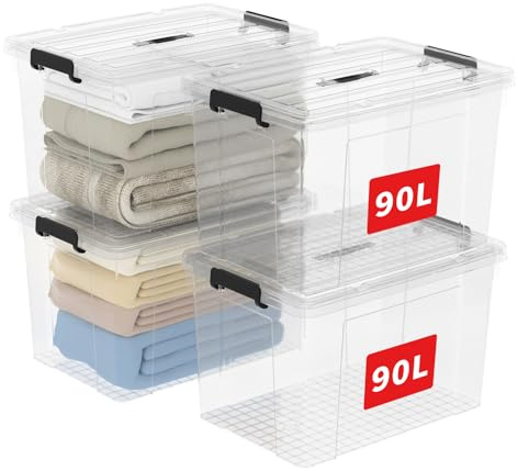 Cetomo 90L*4 Caja de Almacenamiento con Asa, Caja de Plástico con Tapa y Cierre Seguro, Contenedor de Almacenamiento Grande, Duradera, Apilable, Resistentes, Transparente, Paquete de 4 de 90L