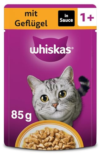 Whiskas 1+ kattmat fjäderfä i sås, 28 x 85 g (1 förpackning) – högkvalitativt våtfoder för vuxna katter i 28 portionspåsar