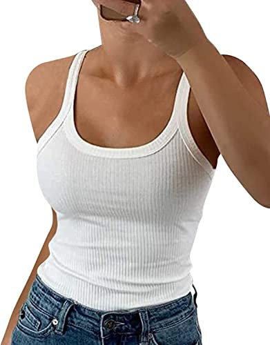 GEMBERA Women Spaghetti Strap Scoop Neck Ribbed Tank Tops Slim Fitted Cotton Camisole Basic Sleeveless Layering Shirts(3227 White S)