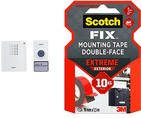 Legrand 094250 Set de sonnette sans fil, blanc, 50 m & Scotch-Fix Ruban Adhésif Double Face de fixation Extrême pour Extérieur, 19 mm x 1,5 m - Pour un Usage Extérieur extrême