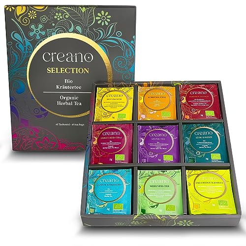 Creano Set de regalo de té de hierbas orgánicas, gris, Orgánico Herbal Tea – 45 bolsas de té orgánicas en 9 diferentes variedades – 90 g
