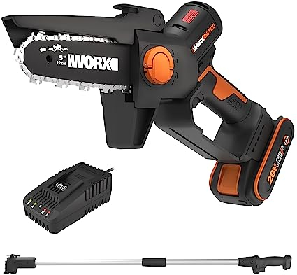 WORX NITRO Mini Tronçonneuse sans Fil 20V, Moteur Brushless, PowerShare，Barre de 5 Pouces, Perche d'Extension 125cm, Réglage de Tension sans Outil, Batterie et Chargeur Inclus，WG325E.1