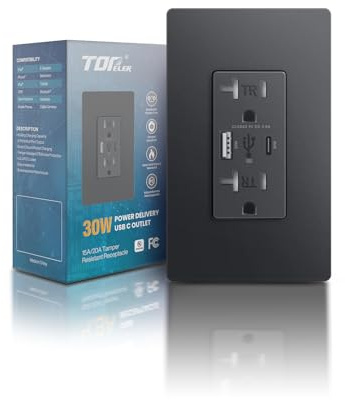 TOPELER Black USB Outlet, USB Type C Wall Socket with 30W Power Delivery Port, 20A Duplex Tamper-Resistant Receptacle, Electrical Outlet with USB C/A Ports, Wall Plate Included, UL&FCC Listed