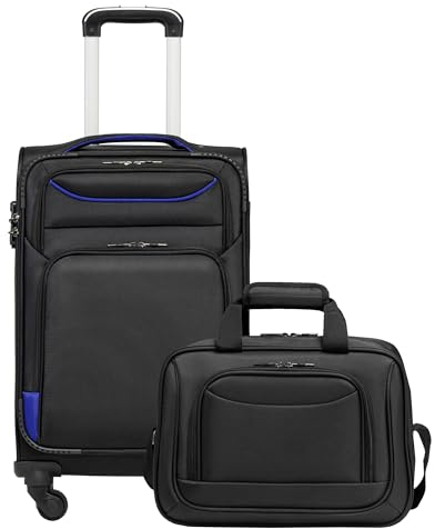 COOLIFE Koffer Trolley Koffer Reisekoffer von 4 Rollen Stoffkoffer Handgepäck TSA-Schloss Der Koffer Enthält 1 Große Umhängetasche (Handgepäck-Set 2tlg, schwarz+blau)