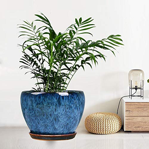 DSHUB Pot de Fleurs en céramique de Style européen, très Grand Pot de Plantes succulentes d'intérieur avec Plateau, glaçage à Flux Bleu Paon, Grand Pot d'orchidées Exquis, Balcon extérieur, Bassin