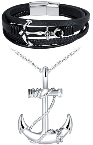 INFINIONLY Creativa Collar Colgante de Ancla de Acero Inoxidable para Hombre Adolescentes Moda Pulsera Trenzada de Cuero Multicapa con Ancla Juegos de Joyas