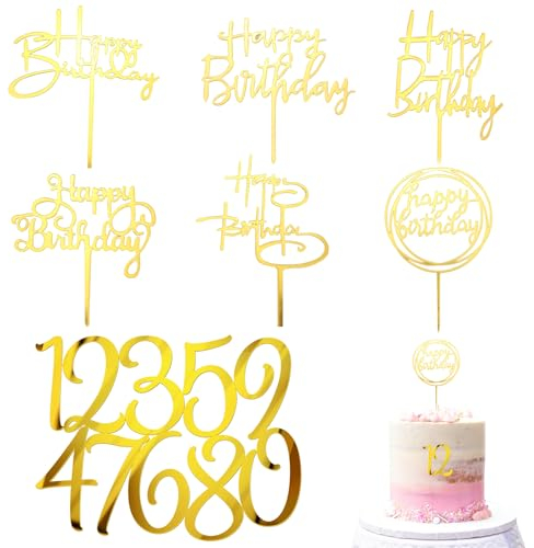 Kryzalite® 16 Stück goldene Happy Birthday-Kuchenaufsätze aus Acryl, Geburtstags-Cupcake-Topper für Geburtstagsfeiern, Kuchen, Desserts, Gebäck, Dekorationen (Gold)