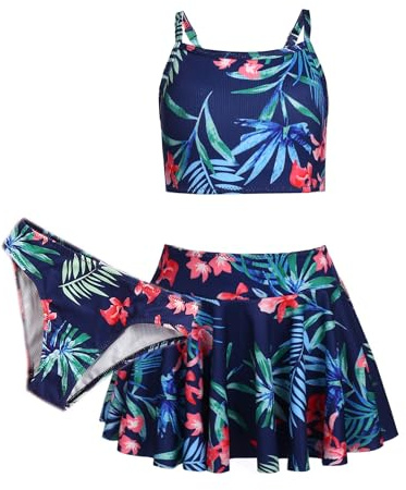 Arshiner Filles Bikini Set 3 Pièces Maillots de Bain d'Été Enfants Trois Pièces Tankini avec Jupe Imprimé Fleur Maillots de Bain pour Filles 9-10 Ans