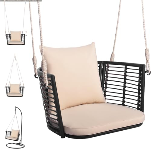 KOMFOTTEU Hängande fåtölj i PE-rotting, hängstol för utomhusbruk, med 2 vadderade kuddar, hängande gungstol med 2 robusta hängande rep, trädgård, veranda, veranda, balkong (beige)