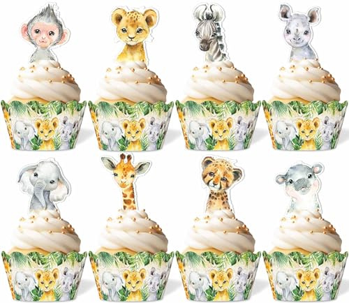 96PCS Jungle Safari Baby Shower Cupcake Toppers and Wrappers Set (48 of each), Safari Animals Cupcake Decorations for Boys Kids, Wild One Themed Birthday Party Supplies for Table Decorations