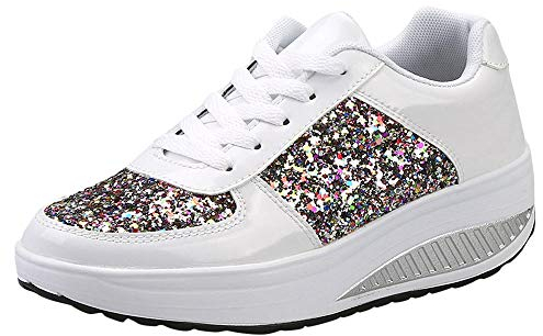Zapatos deportivos con lentejuelas para mujer, zapatos de cuña Shake Fashion para mujer, color verde azulado, White, 4 UK 3X-Narrow
