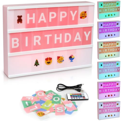 SHYOSUCCE Caja de luz cinematográfica A4 rosa con 16 cambios de color, 4 modos de flash, 221 letras y 163 emojis, 24 tarjetas en blanco, 2 lápices, caja de luz LED para boda, aniversario, cumpleaños,