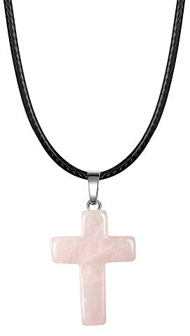 Collar de Cristal de Cuarzo Rosa Natural con Colgante de Cruz de Piedras Preciosas Y Cordón de Cuero Negro,Collar de Cristal Curativo Reiki,Joyería de Chakras,Regalo Para Mujeres Y Hombres