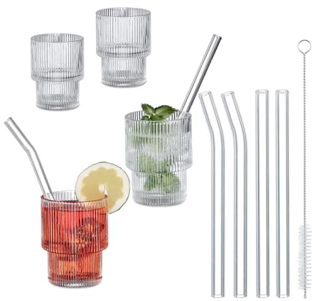 Relaxdays Verre strié à Eau, Lot de 4, Convient au Lave-Vaisselle, avec Paille, Design rétro, 210 ML, Transparent