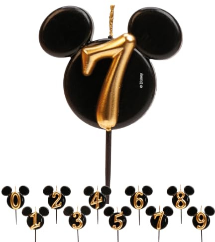 dekora - Musse Pigg Födelsedagsljus Tårtdekoration - Disney Ljus - Paraffinvax Utan Doft - Barnljus Med Svarta Och Guldiga Mickey Mouse Öron - Storlek 8,5 cm - Nummer 7